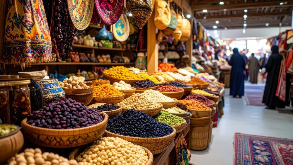 Vibrant display of colorful spices, dried fruits, and nuts in woven baskets at a traditional Middle Eastern market.
